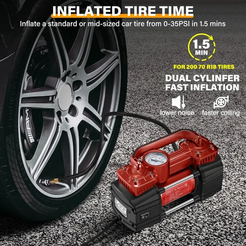 Vista 5 de GSPSCN Compresor de aire de doble cilindro CC de 12 V para automóvil, inflador de neumáticos portátil resistente, bomba de neumáticos de 150 PSI