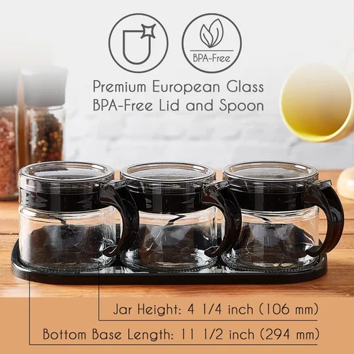 Vista 2 de Crystalia Juego de 3 tarros de especias, recipientes de vidrio para especias con asas y tapas de plástico, recipientes vacíos para almacenamiento