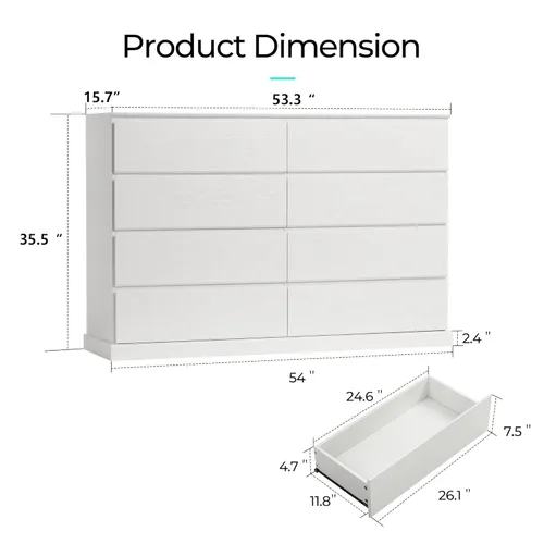 Vista 10 de LINSY HOME Cómoda de 8 cajones para dormitorio, cómoda de 53 pulgadas de ancho, modernos cajones de madera de granja con almacenamiento, organizador