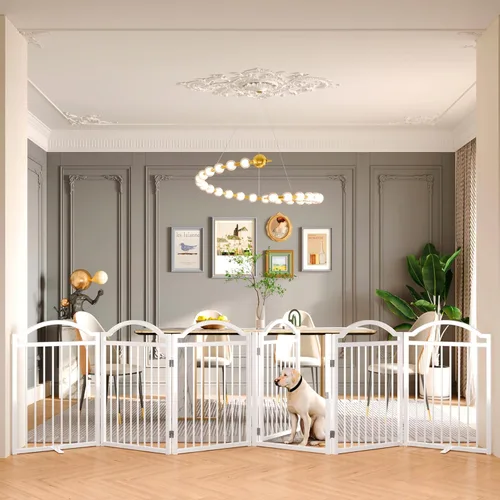 Vista 11 de BHG Puerta para Perros de Metal Sin Ensamblaje Independiente con Puerta de Paso, Extra Ancha 96", Puerta para Mascotas Extra Alta 32", Parque