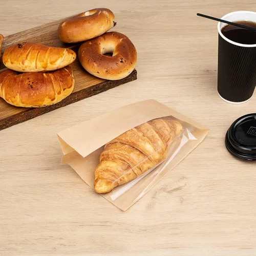 Vista 3 de Bag Tek Bolsa de pan rectangular de papel kraft pequeña - con ventana lateral - 4 3/4" x 2 3/4" x 8 1/2" - Caja de 100 unidades - Restaurantware