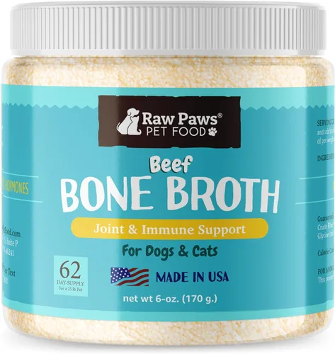Raw Paws Caldo de hueso de res para perros y gatos, 6 onzas, fabricado en Estados Unidos, adorno de alimentos, caldo de hueso en polvo de proteína