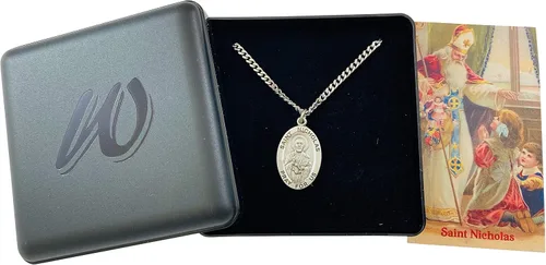 Vista 3 de San Nicolás - Medalla de peltre con cadena de acero inoxidable con tarjeta de santa real Santa en caja