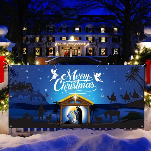 Vista 5 de Christmas Nativity Garage Door Banner Cover Decorations 6x13ft, Extra Large Fabric Nativity Scene Christmas Backdrop Photo Booth Background Yard
