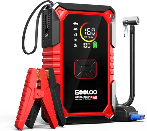 GOOLOO Arrancador de Batería A5 con Compresor de Aire, Arrancador de Batería de Coche de 4000A (Toda Gasolina/10.0L Diésel) con Inflador de