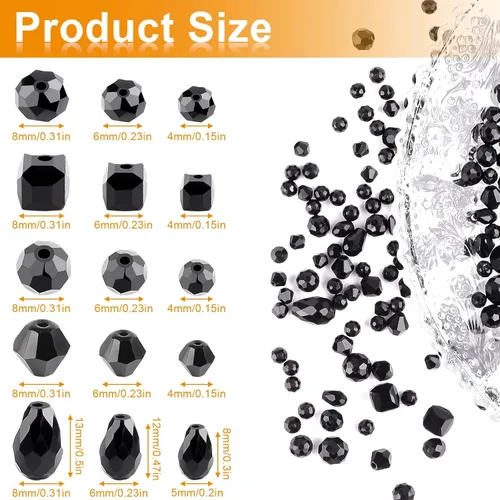 Vista 4 de Perlas de cristal, 600 piezas de perlas de vidrio para joyería Rondelle al por mayor, surtidas; 4/6/8mm Negro