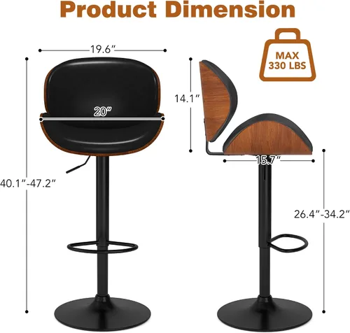 Vista 3 de Juego de 2 taburetes de bar ajustables giratorios de 360°, sillas de bar tapizadas de piel sintética con reposapiés, taburetes de madera para Negro