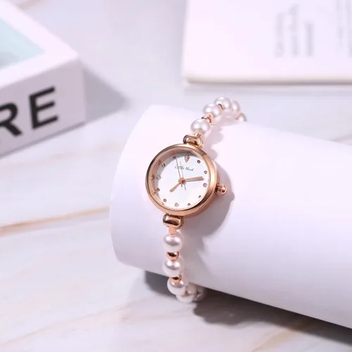 Vista 4 de JewelryWe Conjunto de reloj de pulsera de perlas: reloj de pulsera de cuarzo de oro rosa ajustable de acero inoxidable elegante con esfera redonda