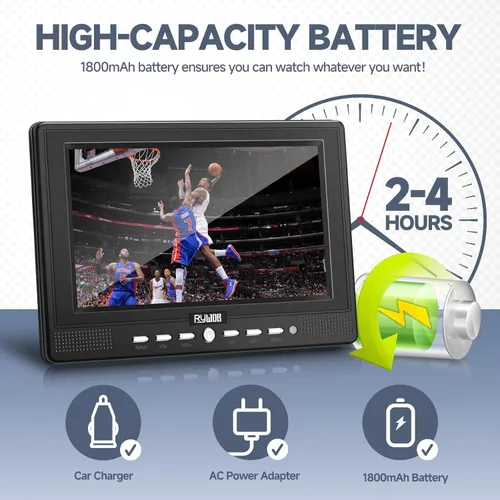 Vista 3 de Televisión portátil pequeña de 7 pulgadas con antena, sintonizador digital integrado y batería recargable, pequeña televisión con control