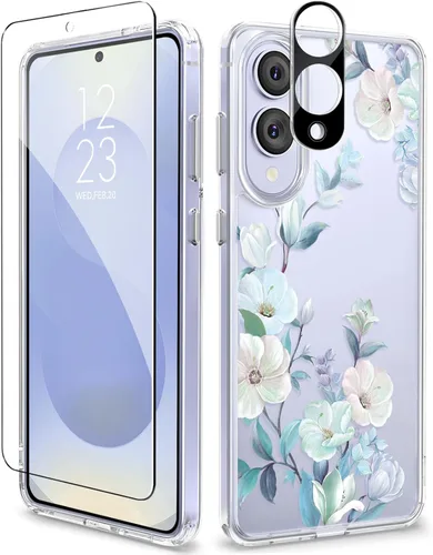 Vista 116 de GVIEWIN Funda protectora para Samsung Galaxy S25, transparente floral, delgada, a prueba de golpes, para mujer, no se pone amarilla, con protector