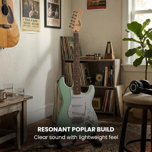 Vista 5 de Fender Squier Sonic Stratocaster - Paquete Surf Green con amplificador Frontman 10g, bolsa de concierto, cable, correa, afinador, púas y DVD