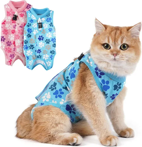 Traje de recuperación para gatos: Traje de poscirugía azul suave para gatos con diseño de huella de pata - Traje de recuperación elástico,
