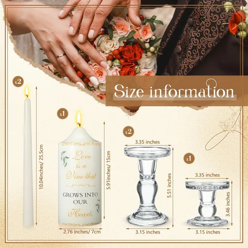 Vista 9 de MTLEE Juego de 3 velas Unity con portavelas para boda, incluye 1 pilar y 2 velas cónicas para ceremonia, accesorios de boda, bautismo, iglesia