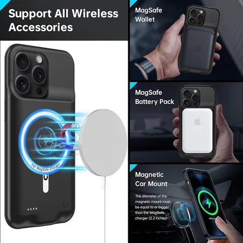 Vista 5 de Funda de carga inalámbrica para iPhone 15 Pro Max, 12000 mAh de alta capacidad, portátil, recargable, carga inalámbrica Qi con iPhone 15 Pro Max