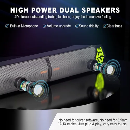 Vista 2 de Smalody Altavoces para juegos para PC, altavoces de computadora para monitor de escritorio con Bluetooth, barra de sonido de altavoz de computadora