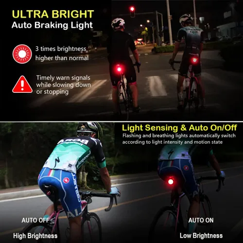 Vista 3 de Padonow Luz trasera de bicicleta inteligente: luces intermitentes de encendido/apagado automático, linterna de advertencia LED con parte trasera