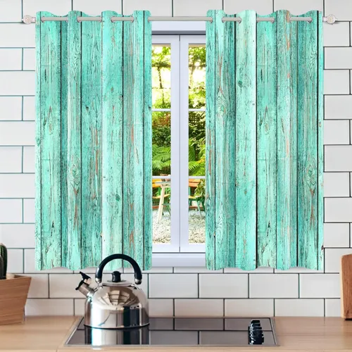 Vista 2 de Cortinas opacas rústicas para puerta de granero, color azul y verde, tablones de madera antigua, granja, campo, vida rural, sala de estar