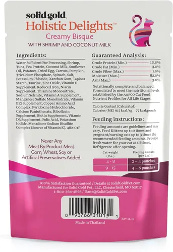 Vista 33 de Solid Gold Alimento húmedo cremoso para gatos; Holistic Delights Leche de atún y coco, bolsa de 24 unidades / 3 onzas