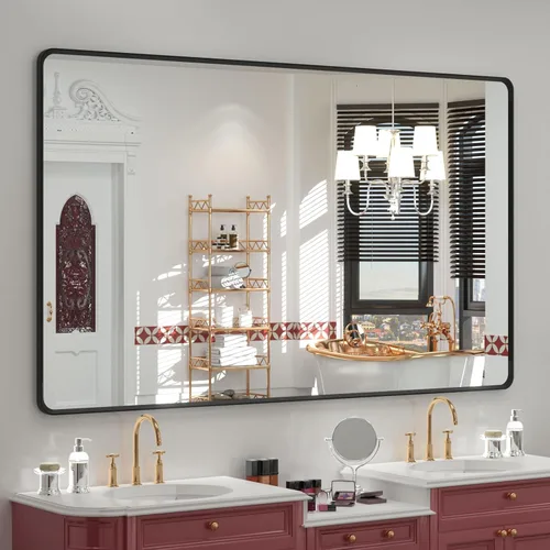 Vista 38 de OKPAL Espejo de Baño con Marco de Metal Negro de 40 x 36 Pulgadas para Pared, Espejo de Tocador de Baño Negro Mate, Espejo Rectangular Redondeado