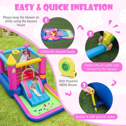 Vista 3 de HONEY JOY Casa inflable con tobogán y piscina, con temática de princesa para fiestas al aire libre e interior, casa hinchable para niños y niñas