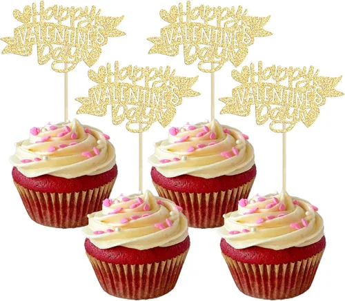 Ephlyn 24 adornos para cupcakes con purpurina para el día de San Valentín, dulce amor, corazón, día de San Valentín, decoración para cupcakes,