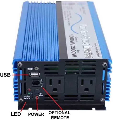 Vista 4 de AIMS Power 1000 vatios, pico de 2000 vatios, inversor de corriente de CC a CA sinusoidal puro, puerto USB, 2 años de garantía, control remoto