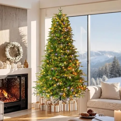 7.5FT Pre-Lit Artificial Christmas Tree, Life-Like Full Branches with Metal Stand, Fire Resistant, Warm White & Multicolor LED Lights for Holiday