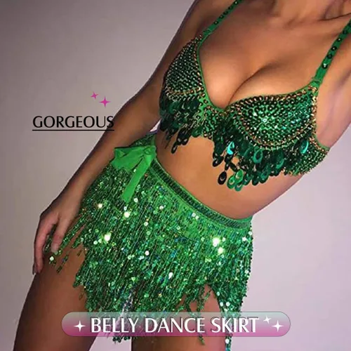 Vista 3 de Victray - Falda para danza del vientre, falda con borla, bufanda de lentejuelas, disfraz para mujer