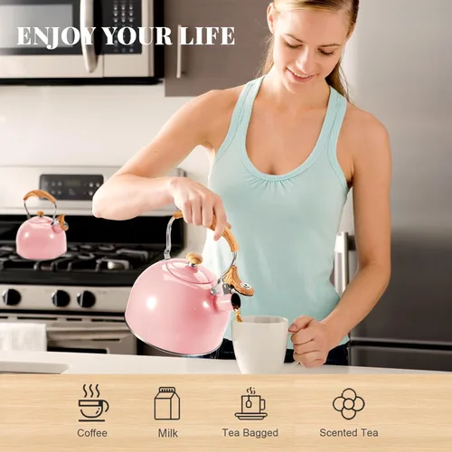Vista 6 de GGC Hervidor de té para estufa, 85OZ/2.6QT Teteras silbantes para hervir agua, leche o café, Teteras de acero inoxidable rosa con mango plegable
