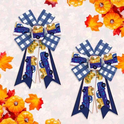 2 lazos de corona de otoño, lazos de Acción de Gracias, diseño de búfalo azul y blanco a cuadros, lazo de lino para corona, lazos de cinta de otoño
