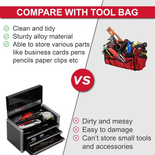 Vista 4 de P.I.T. Mini Caja de herramientas negra, caja de herramientas portátil de acero apilable de 3 cajones con cierre de lengüeta magnética, caja