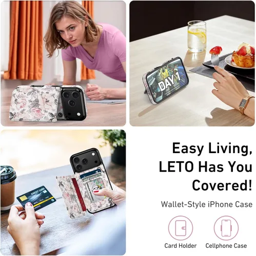 Vista 1289 de LETO para iPhone 15 Pro Funda tipo cartera - Tapa tipo folio con patada - Diseños de moda - Tarjetero - Funda protectora para mujeres y niñas - 6.1