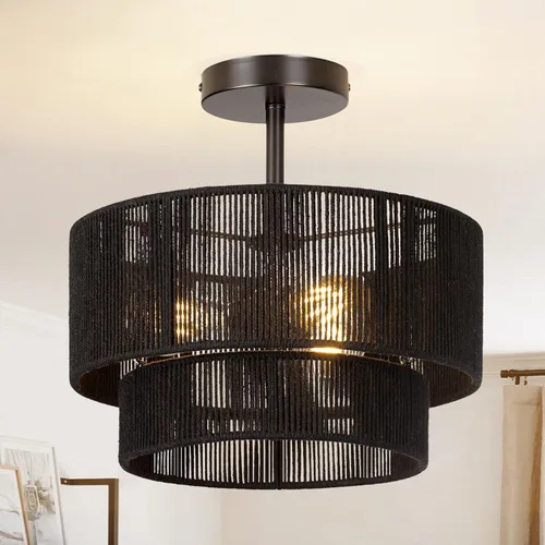 Vista 9 de Lámpara bohemia para techo, 13 pulgadas, lámpara de techo semiempotrada de 13 pulgadas, candelabro de granja de 3 luces, lámpara de techo de ratán