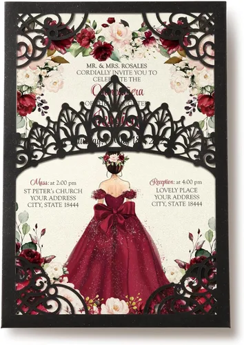50 invitaciones de quinceañera con corona negra perlada cortada con láser | Invitaciones de cumpleaños florales burdeos para Sweet 16/Miss XV |