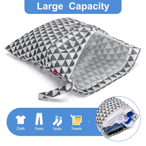 Vista 2 de Damero Bolsa grande de lavandería de viaje de 2 piezas, bolsa grande para ropa húmeda y seca con asa para tela, bolsa de ropa sucia lavable
