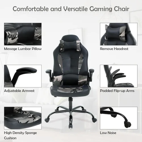 Vista 6 de Silla de videojuegos, silla ergonómica para computadora, silla de escritorio para juegos de oficina con soporte lumbar y reposacabezas, silla