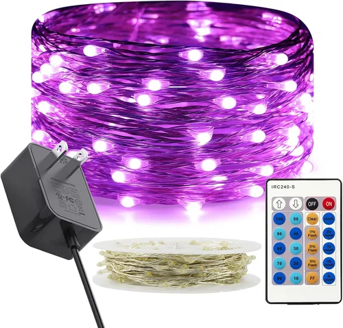 RUICHEN Luces de hadas moradas regulables enchufables, 33 pies, 100 luces LED parpadeantes con control remoto, luces de alambre plateado