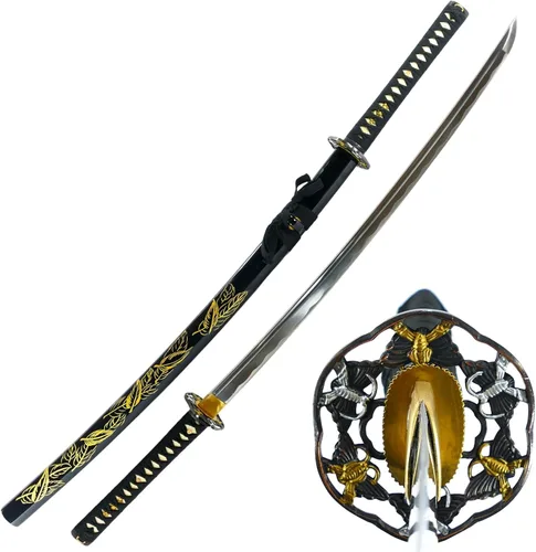 Vista 7 de Makoto Espada Katana Samurái negra forjada a mano de 41 pulgadas, pintada a mano, vaina negra de alto brillo
