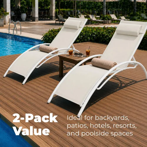 Vista 7 de ComfySure Juego de 2 sillas de aluminio reclinables de textileno de 4 posiciones con almohada y reposabrazos, apilables, resistentes a los rayos UV
