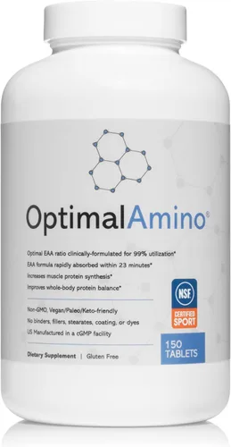 OptimalAmino Tabletas (150 unidades) | Suplemento de aminoácidos esenciales (EAA) al 99%, aumenta la recuperación muscular, proteína BCAA antes y