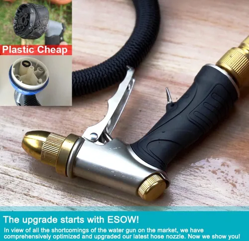 Vista 6 de ESOW -Boquilla de manguera de jardín, 100% metal resistente, boquilla de latón completo y agarre ergonómico ABS, 4 patrones de riego, pistola