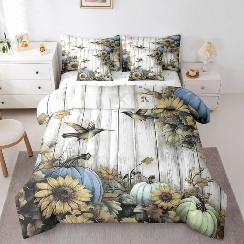 Vista 20 de Feelyou Fall Pumpkin Comforter Set with Sheets 7 Piece Twin Size Autumn Bed in a Bag Kids Boys Girls Pumpkin Maple Leaf Bedding Set Hummingbird Beig