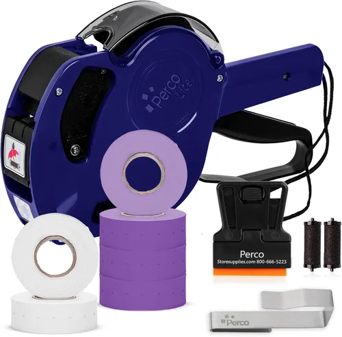 Vista 13 de Perco Lite - Pistola de precio de 1 línea con etiquetas, el kit incluye 3 rollos blancos, 3 rollos azules, 2 rodillos de tinta, 1 rollo de tinta