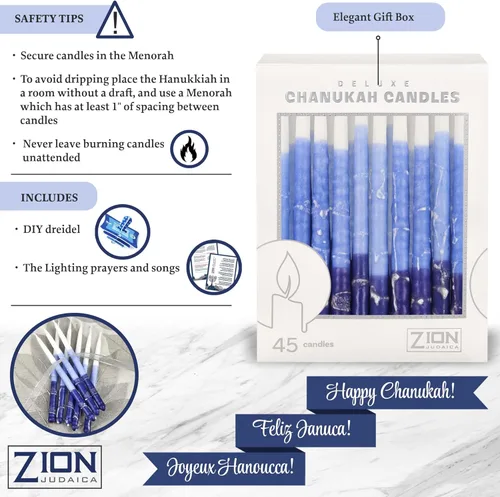 Vista 4 de Velas de Janucá de lujo para Menorá, juego de 45 velas multi azul y blanco esmerilado, velas decorativas de 1 hora de Hanukkah, velas finas cónicas