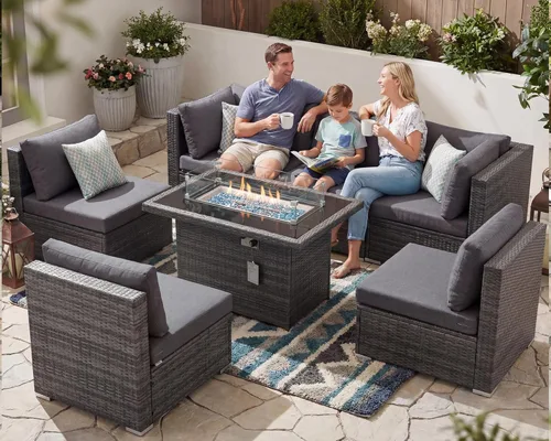 Vista 54 de BULEXYARD Juego de muebles de exterior de respaldo alto de 7 piezas con hoguera, juego de sofá de patio de mimbre duradero para todo tipo de clima