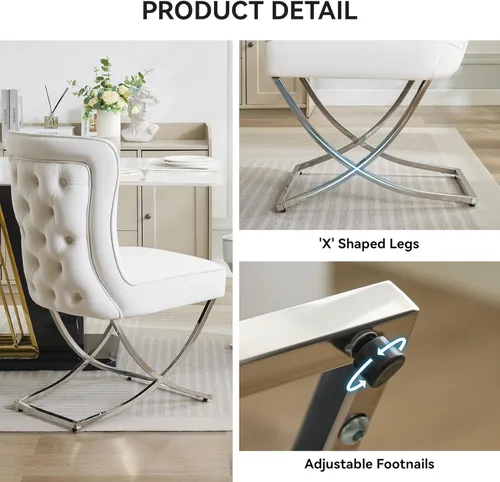 Vista 4 de Sillas de Comedor de Terciopelo de Lujo, Sillas de Acento Tapizadas Capitoné sin Brazos con Patas de Metal Plateado en Forma de X, Juego de 2 Sillas