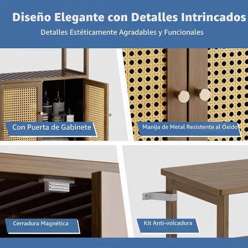 Vista 6 de HITNET Gabinete de piso de baño de ratán, armario de almacenamiento de bambú independiente con 2 puertas, aparador de sala de estar, ahorro de Nogal