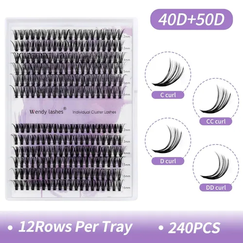 Vista 4 de Racimos de pestañas individuales 40/50D, pestañas DIY de 4.7-6.3 pulgadas de longitud mixta, rizos C/D, pestañas finas con banda delgada, pestañas