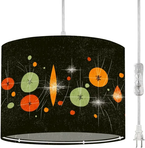 Vista 10 de Boho Plug in Pendant Light Mid Century Modern Art Abstract Geometric Seamless 16.4ft Plug in Cord Dimmable Hanging Lamp Fabric Lamp Shade Pendant