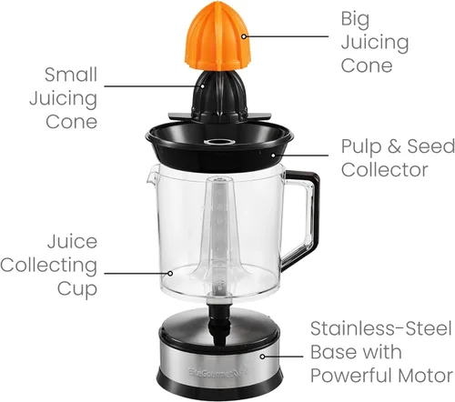 Vista 6 de Elite Gourmet ETS047 Exprimidor de Cítricos Eléctrico sin BPA de 40 Vatios con 2 Conos, Compacto, Gran Volumen, Control de Pulpa, Naranjas, Limones